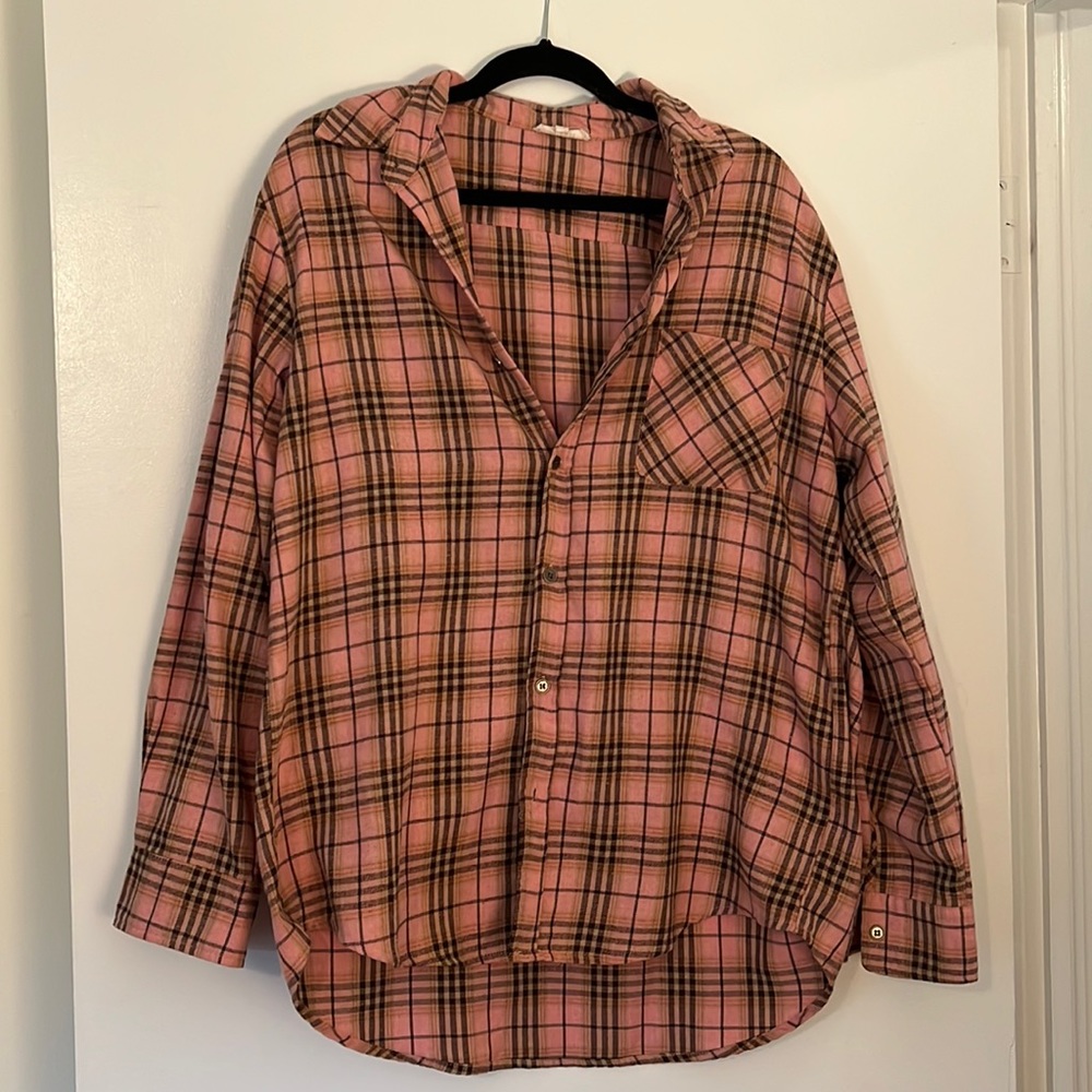 Boutique pink plaid shacket flannel - size large - like new